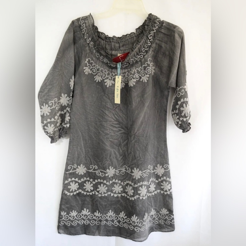 NEW Kyla Seo Bohemian Embroidered Dress Gray Boho Chic Handmade Silk, S,…